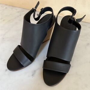 NEW Vince Black Leather Open-Toe Wedges